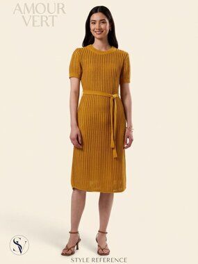 Amour Vert Organic Cotton Knit Dress Mustard Gold Belted Midi Short Sleeve SizeM